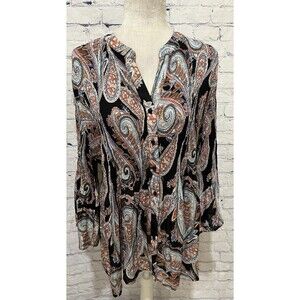 Spense Paisley Tunic Blouse Button Front 2/3 Sleeve Crinkle Casual Plus Size 2X